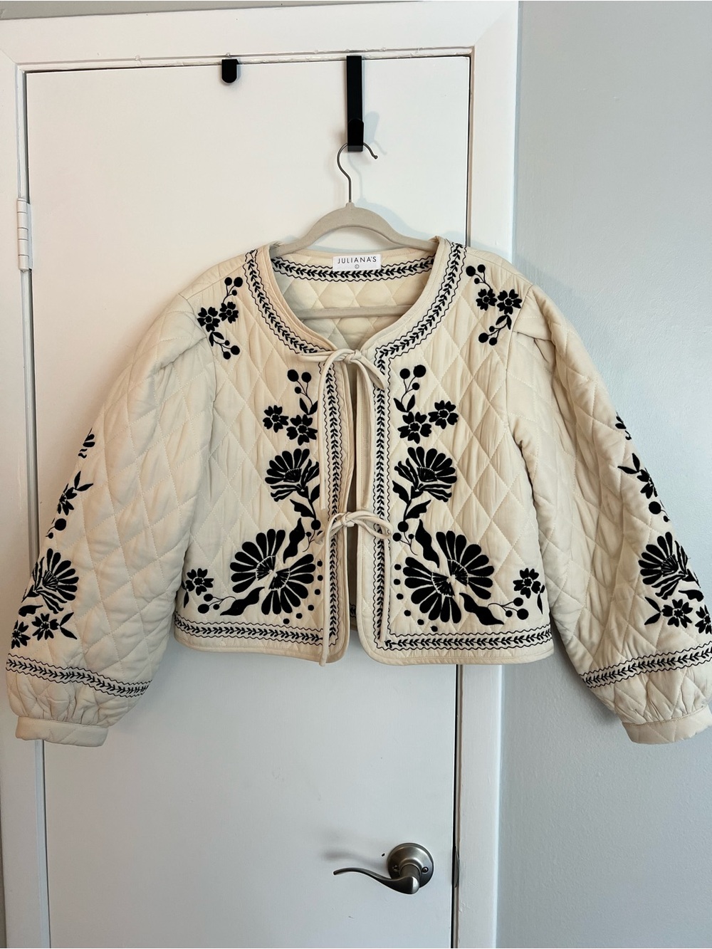 Cream Quilted Jacket with Black Floral Embroidery